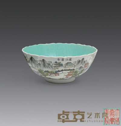 清嘉庆 粉彩楼阁山水诗文花口碗 高7.5cm；直径18cm